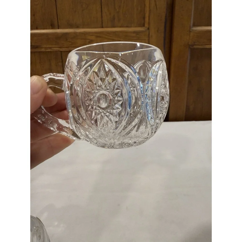 Vintage Barware Mid Century Crystal Pinwheel Etched Beer Mug Set W/ Original Box
